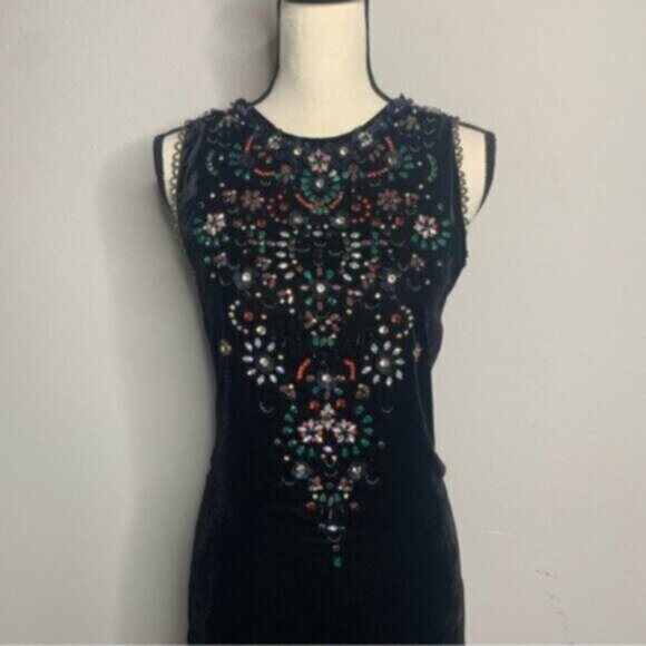 Vintage Beaded Black Velvet Mini Dress Floral Embellished Cocktail Mini Dress - Picture 7 of 17